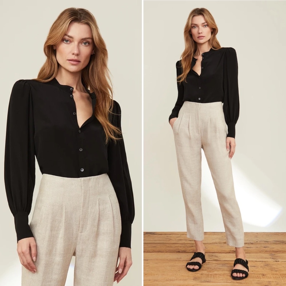 Veronica Beard Suvi Black Silk Puff Shoulder Button Front Blouse Size 2